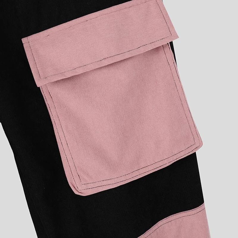 (image for) INCERUN Mens Corduroy Contrast Color Patchwork Casual Pant Comfy Casual Harem Pants Drawstring Elastic Waist Trousers for Male Large Size S-5XL